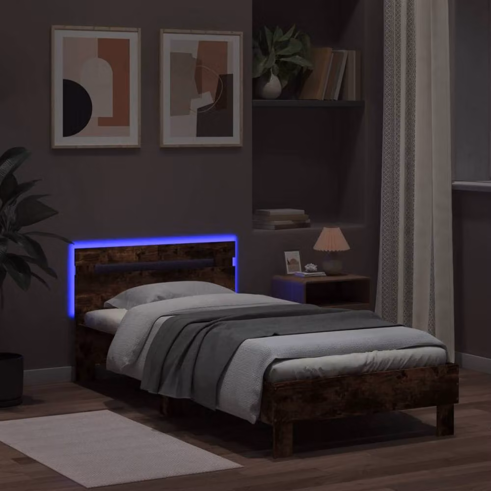 Berkfield Home Durable Bed Frame with LED Under-Bed Lighting in Smoked Oak Brown, W/D/H: 100 x 200 x 70 cm – 4