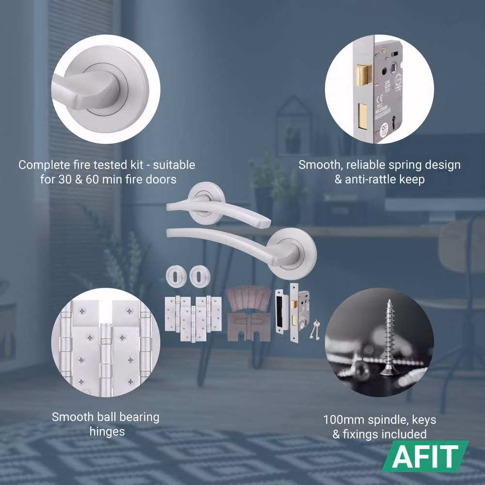 AFIT Satin Chrome Fire Door Handle Key Lock Set with Internal Lock and Hinges in Silver, Hinge Size: 150 x 150 mm – 2