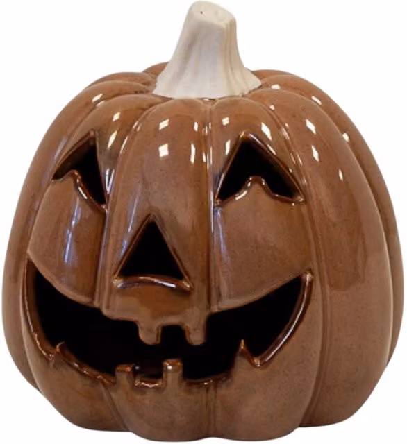 Four Candle Chocolate Brown and White Pumpkin Jack-O-Lantern Halloween Tabletop Ornament