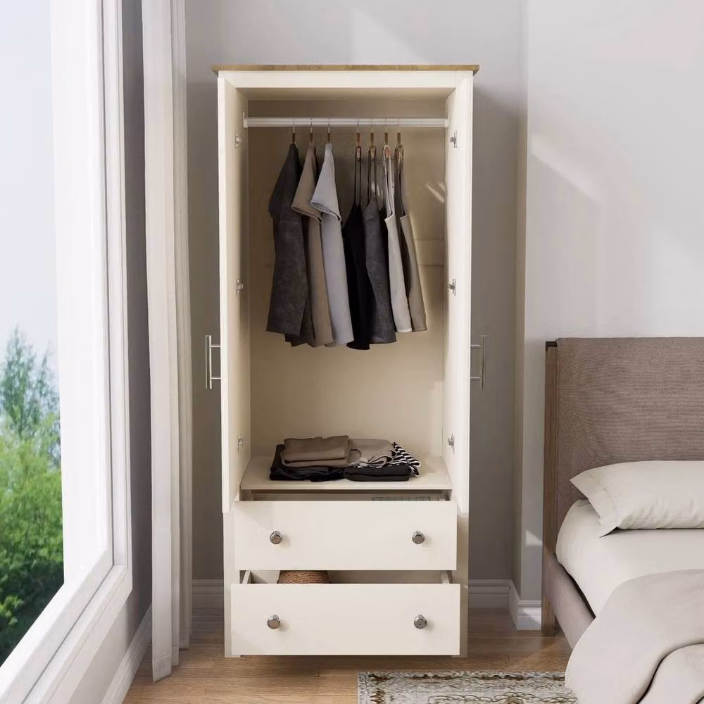 FLAVORA Cream and Oak 2 Door Wardrobe with Drawers and Hanging Rail W/D/H: 100 x 100 x 100 cm – 3
