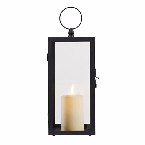 Lights4fun Bowen Black Metal Garden Lantern Duo with White TruGlow Pillar Candles – 3