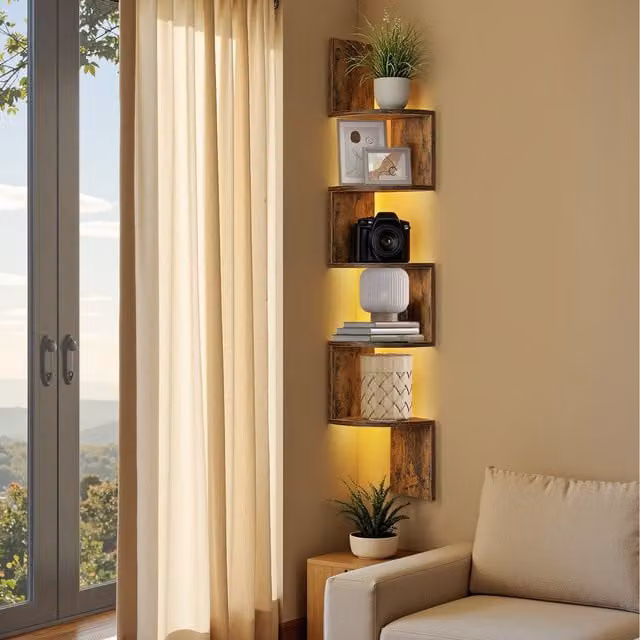 VASAGLE 5-Tier Wall Mounted Corner Shelf with Integrated LED Lights, Brown