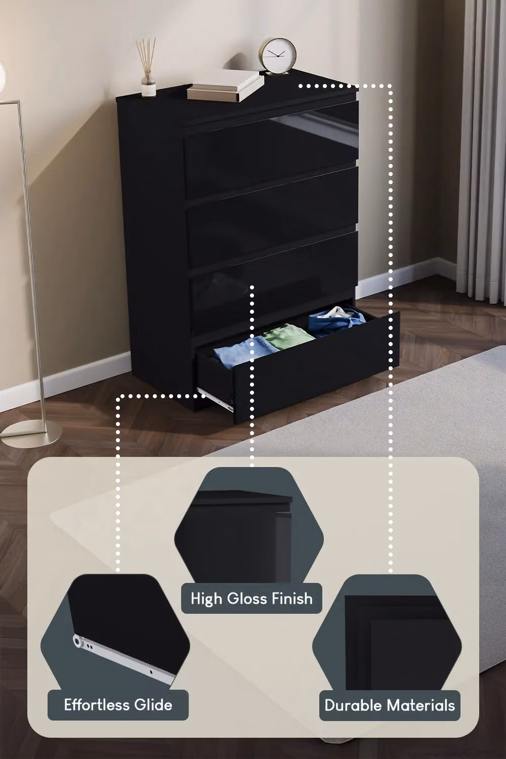 Vida Designs Glinton High Gloss 4 Drawer Chest of Drawers in Black – 2