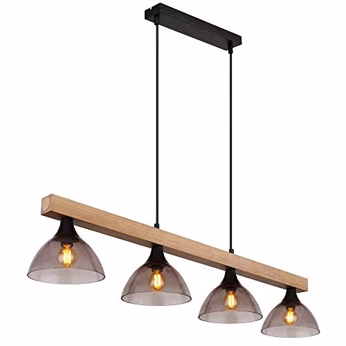 Globo Lighting Netlighting Industrial Bar Pendant Light in Black and Wood with Grey Glass Shades, 4x E14 Sockets, L 96 cm x W 17 cm x H 150 cm