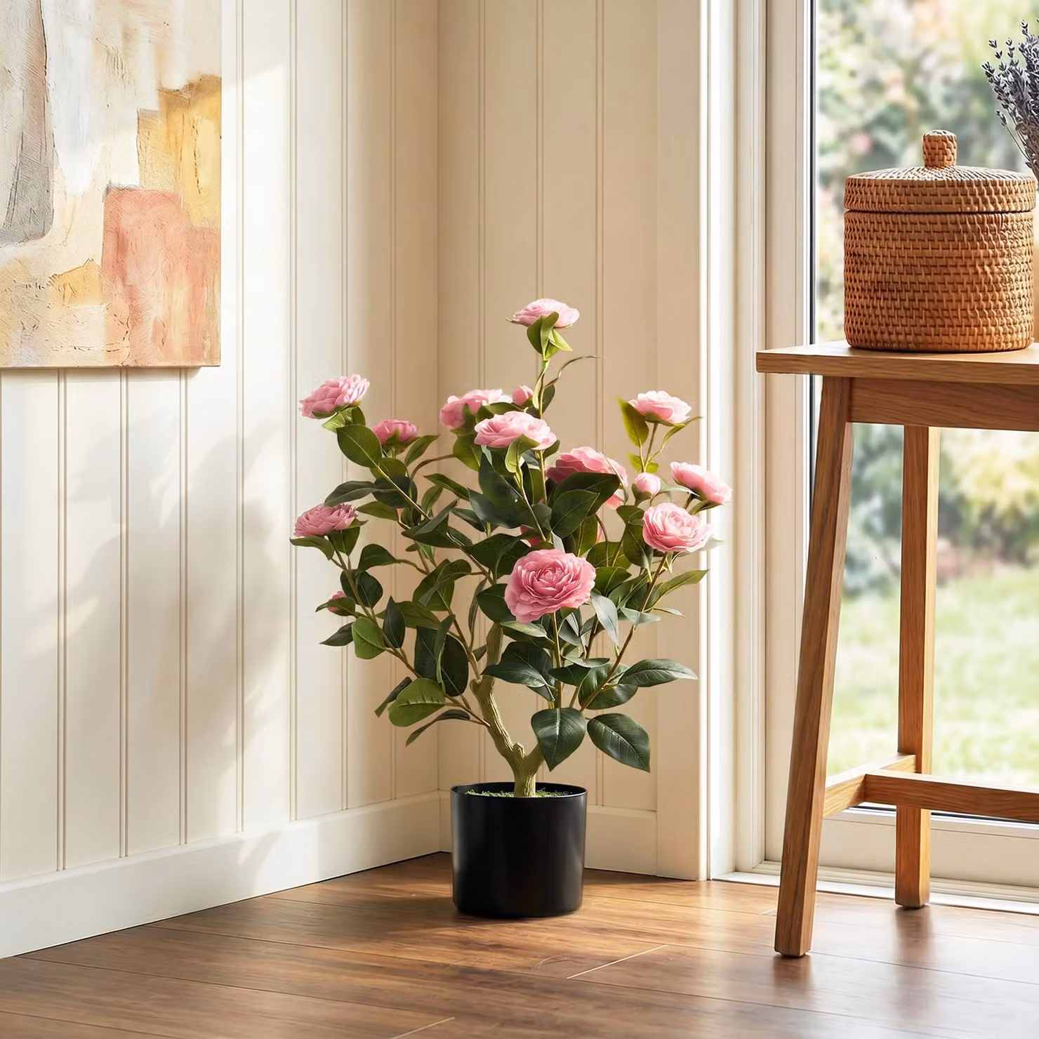 HOMCOM Pink Artificial Camellia Flower Plant in Pot with 116 Leaves, Height: 65 cm – 2