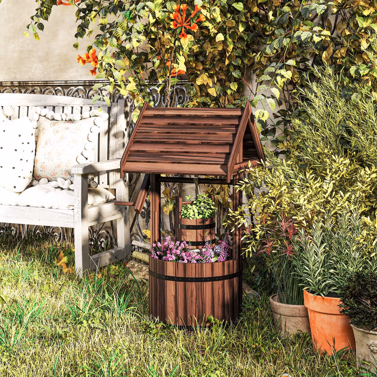 Outsunny Carbonised Wood Wishing Well Planter with Hanging Bucket in Brown – 2