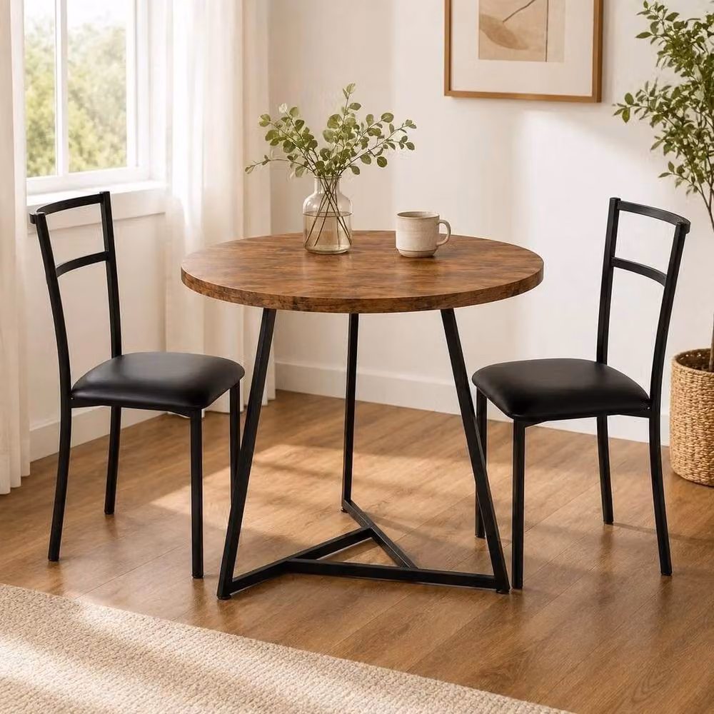 VOGREX 3 Piece Round Space Saving Dining Set with Wood Table and Chairs in Brown and Multicolour – 3