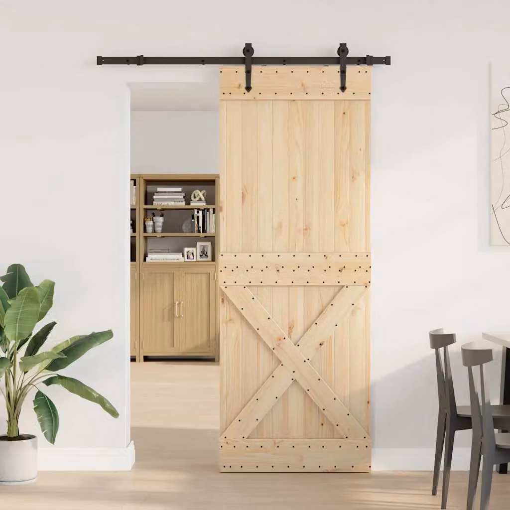 Berkfield Home Modern Sliding Door with Hardware Set, Solid Wood, Brown, W: 85 cm, H: 210 cm – 1