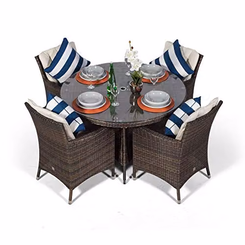 Giardino Savannah 4 Seater Rattan Garden Dining Set with Round Table, Parasol and Cover, Brown and Grey, Diameter: 120 cm – 4