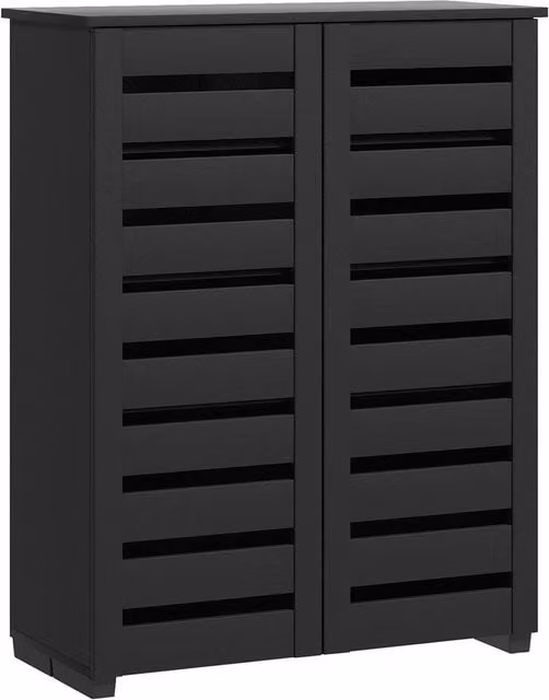 PAWNORA Modern Black Shoe Storage Cabinet with Slatted Hinged Doors and Internal Flat Shelves