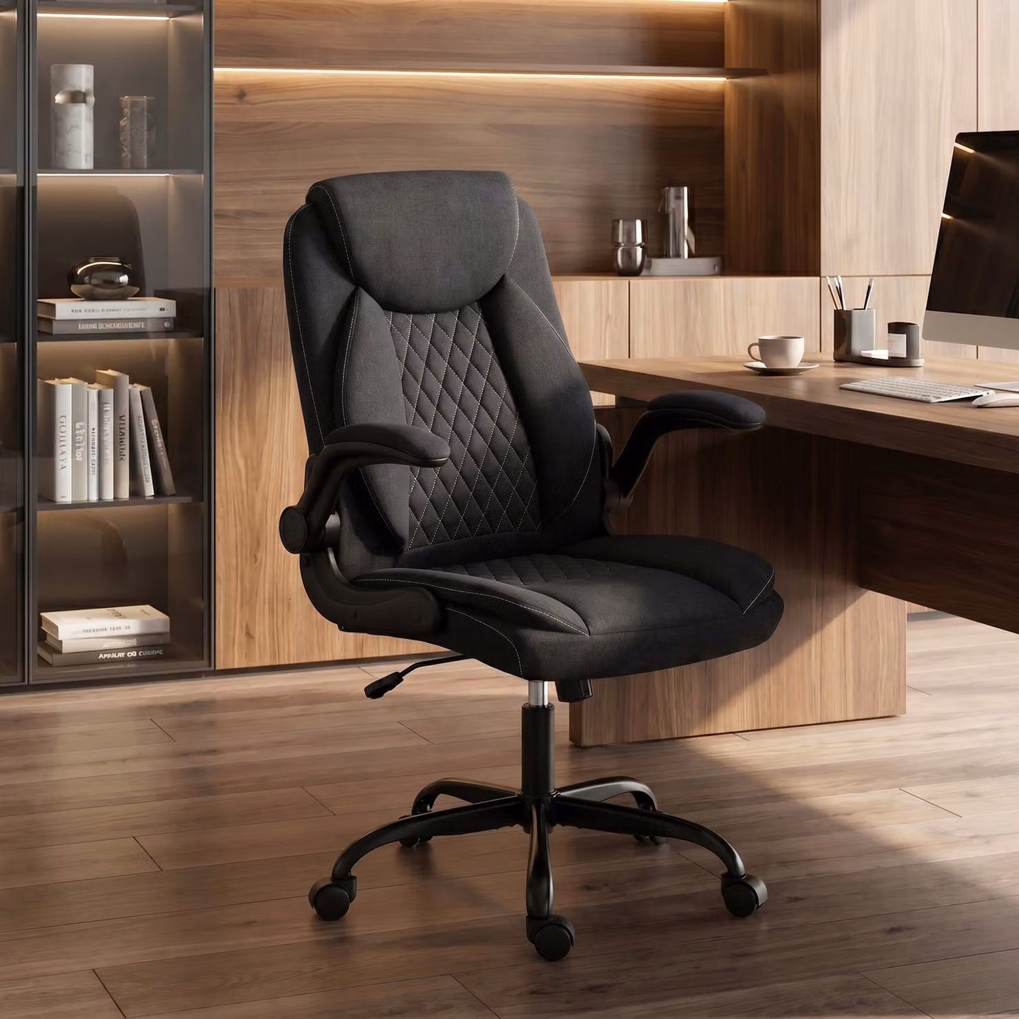 HOMCOM Black Linen-Look Executive Office Chair with Flip-Up Armrests and Thick Cushion – 7