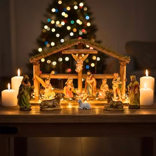 Shatchi Large Handmade Nativity Scene with Wooden Stable and 12-Piece Figurine Set in Brown and Multicolour – 8