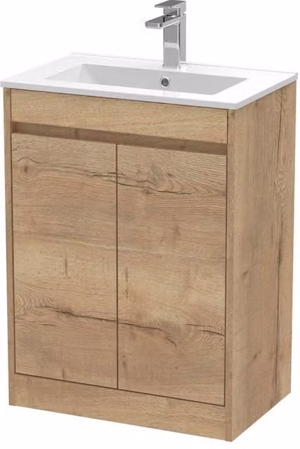 Balterley Modern 2 Door Freestanding Bathroom Vanity Unit with Basin and LED Lighting in Autumn Oak Brown, W/D/H: 62.0 x 39.5 x 83.5 cm – 1