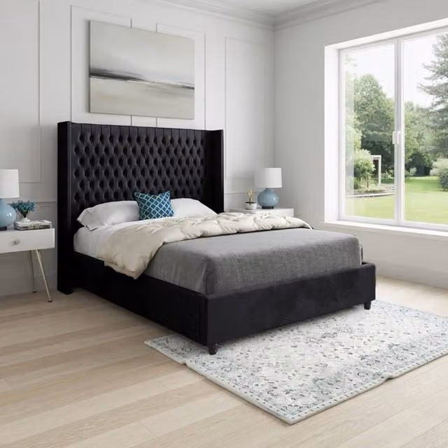 Casani Tickhill King Size Upholstered Designer Bed Frame in Black Soft Velvet – 1