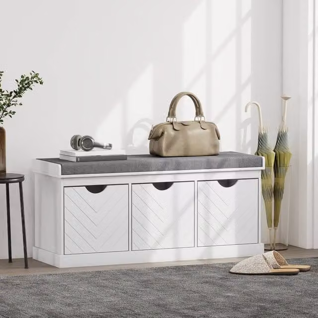 HOMCOM Shoe Storage Bench with 3 Removable Drawers and Padded Fabric Seat, White