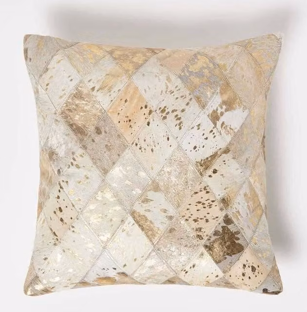 Homescapes Gold and Grey Geometric Leather Cushion with Suede Reverse, W/D/H: 45 x 45 x 45 cm