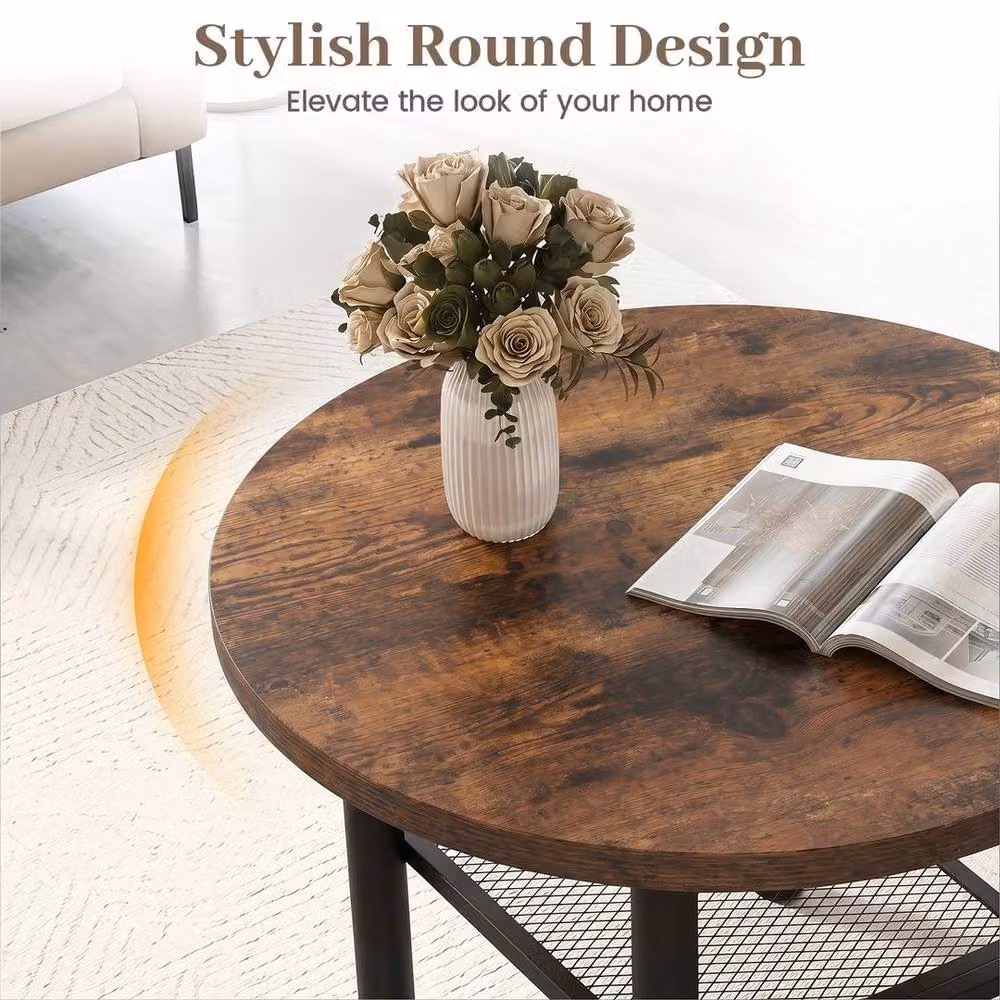 KORVIXA Brown 2-Tier Round Farmhouse Wood and Metal Cocktail Table, W/D/H: 100 x 100 x 100 cm – 4