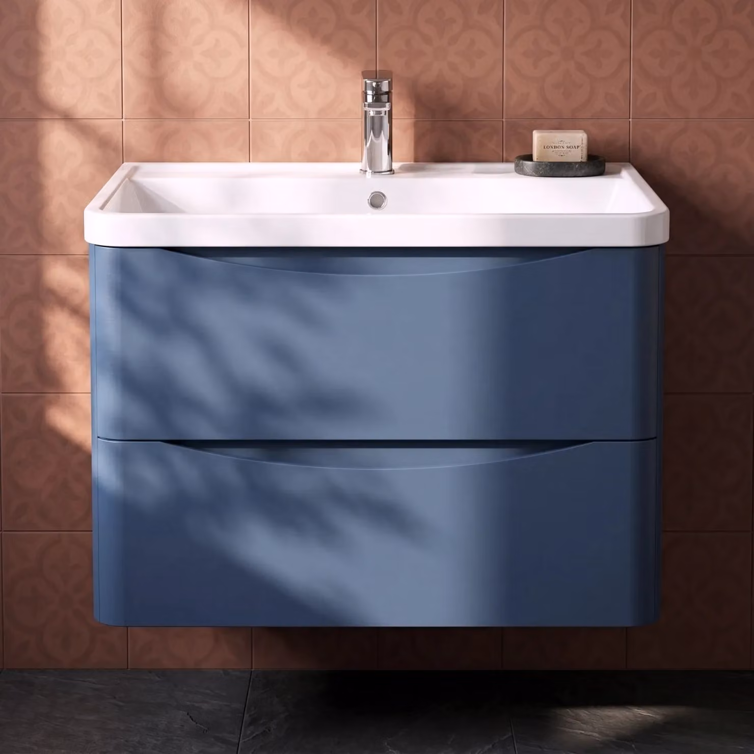 Balterley Wall Hung 2 Drawer Bathroom Vanity Unit and Basin, Satin Blue, Width: 75.5 cm – 6