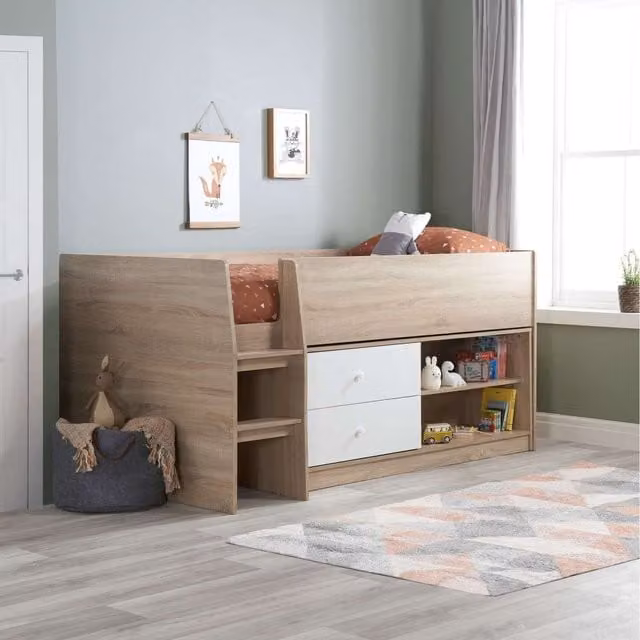 Birlea Leyton Oak White Single Cabin Bed with Stairs and Drawers for Children and Teenagers, H: 197 cm x W: 90 cm x D: 109 cm