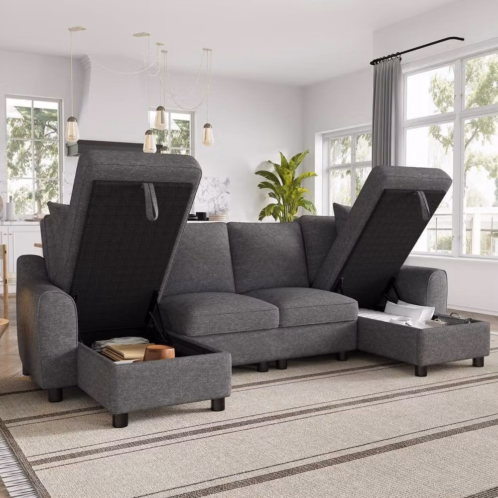 STILVORA U-Shaped Sofa with Storage Chaise Lounge in Grey Fabric – 2