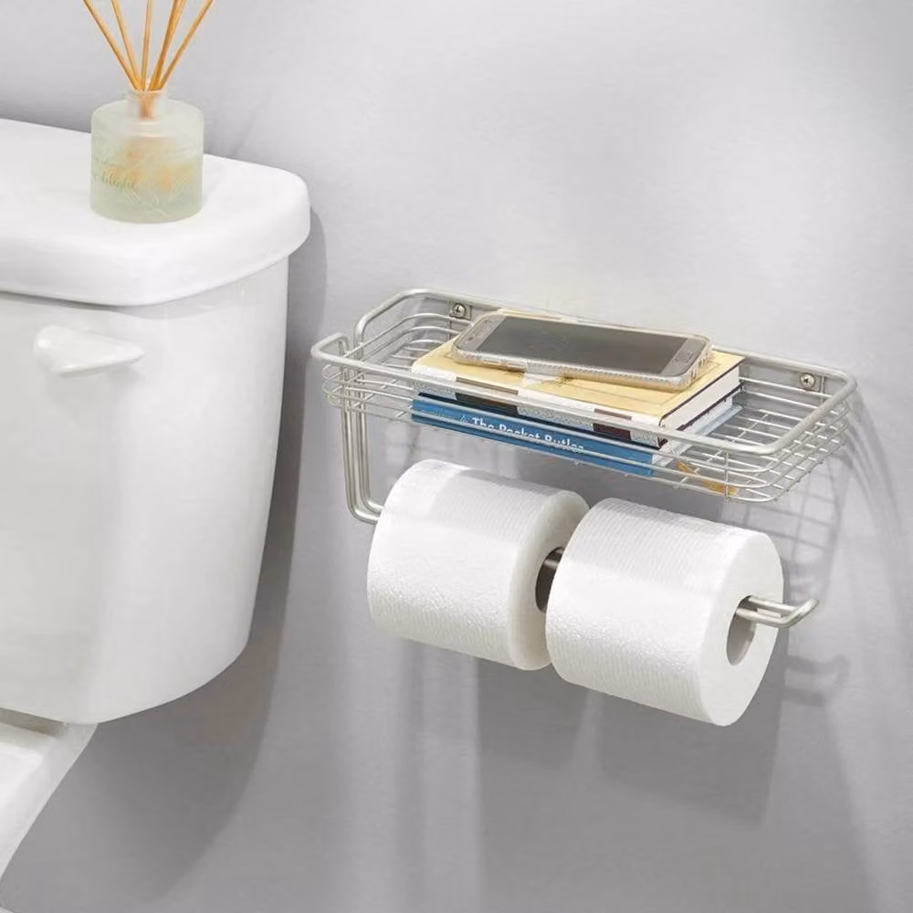 PAWNORA Double Toilet Roll Holder and Wall Mounted Bathroom Shelf Organiser in Silver Metal – 2