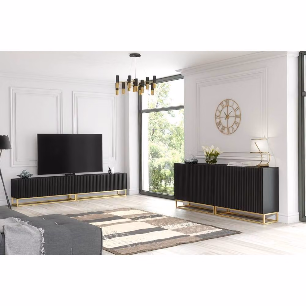 Creative Furniture Ripple Duo TV Unit in Black and Gold with Fluted Doors, W/D/H: 200 x 45 x 35 cm – 3