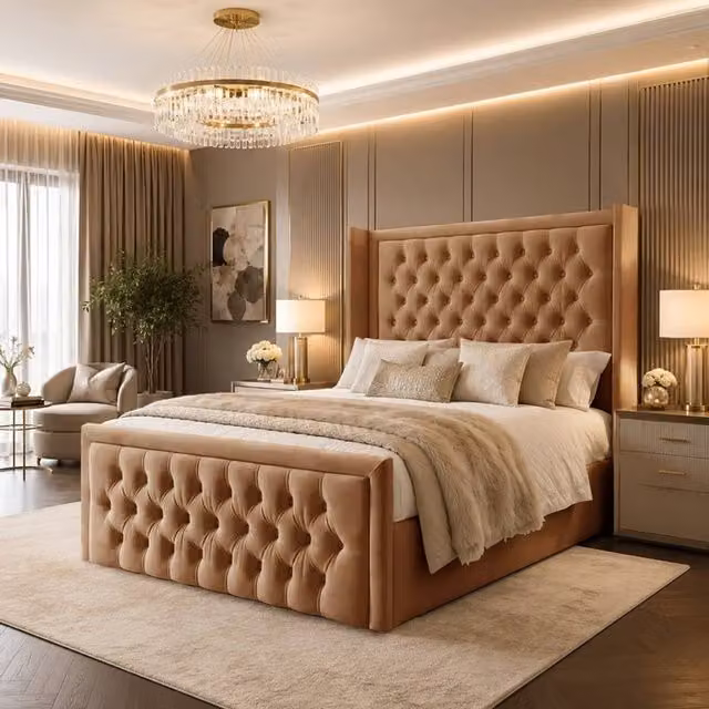 Desire Deco Sandra Plush Velvet Wingback Ottoman Storage Bed Frame in Beige, Double (140 x 200 cm)
