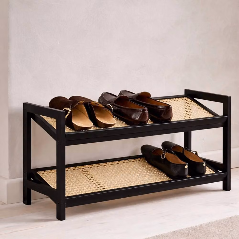 VOGREX 2 Tier Black Bamboo and Rattan Shoe Rack Organiser – 3