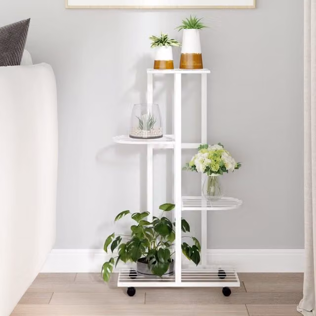 Berkfield Home 4-Tier Metal Flower Stand with Wheels in White, W/D/H: 44 x 23 x 80 cm – 1