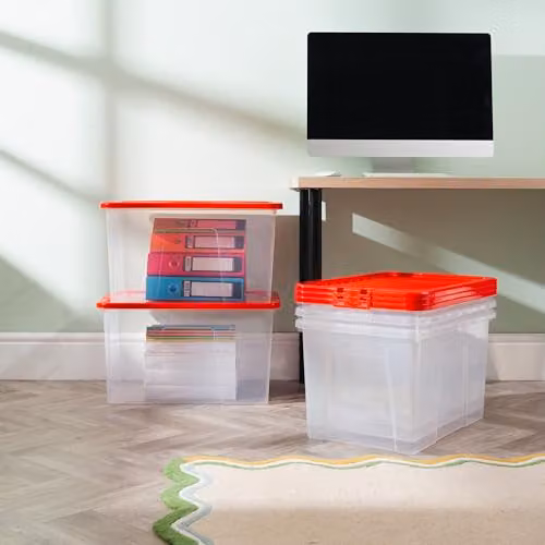Wham Crystal Stackable Plastic Storage Boxes with Red Lids, 60L, Pack of 5, Transparent – 2