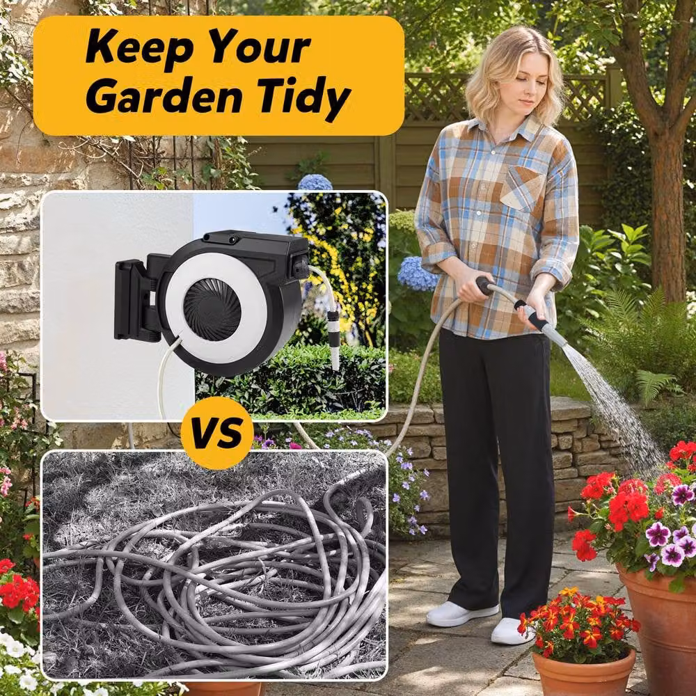 Costway Retractable Wall-Mounted Garden Hose Reel in Black with 30 m Hose and 2 m Lead-in Hose – 3