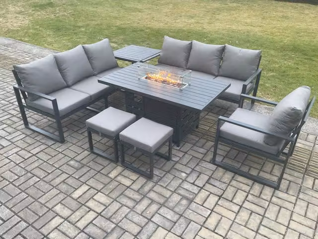 Fimous 9 Seater Grey Powder Coated Aluminium Garden Furniture Set with Gas Fire Pit Dining Table, Side Table, Cushions and 2 Small Footstools