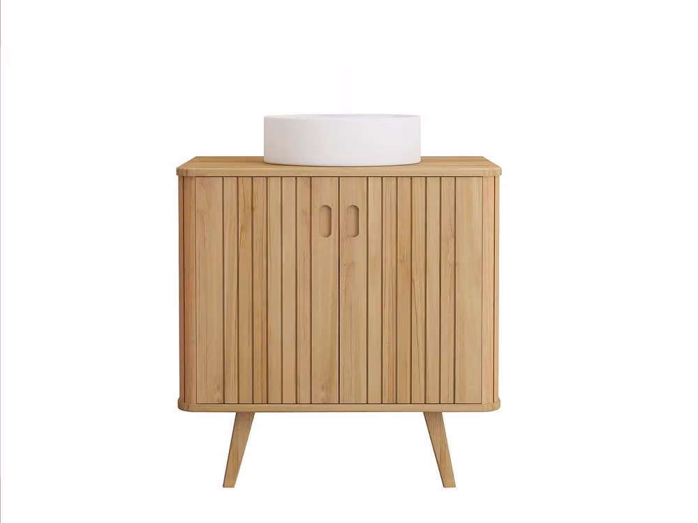 Vente-unique Freestanding Teak Bathroom Vanity Unit with Round Ceramic Countertop in Light Oak Brown – 2