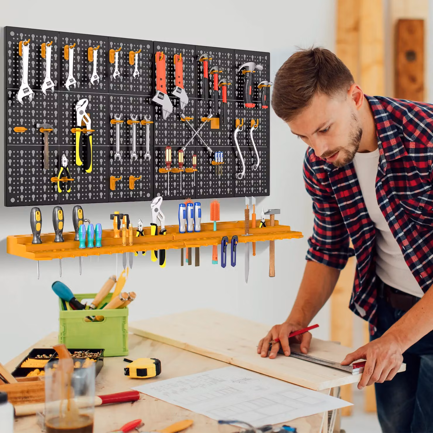 Gymax Wall Mounted Garage Tool and DIY Storage System in Yellow with 50 Hooks – 3