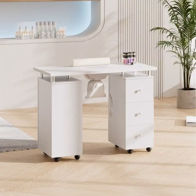 Komore Mobile Nail Table with Dust Collector and Armrest Cushion in White