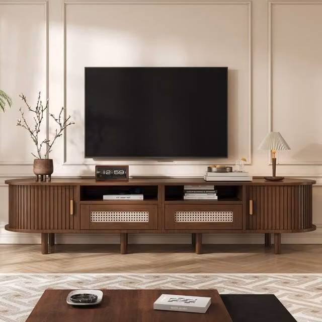 BTM Minimalist Rattan TV Cabinet in Dark Brown with Sliding Doors and Drawers, W/D/H: 170 x 40 x 40 cm