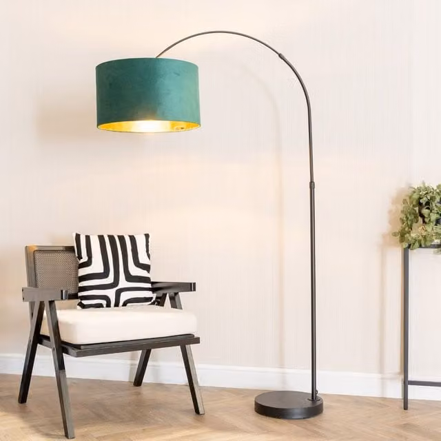 ValueLights Louis Black Arched Floor Lamp with Green Fabric Drum Shade and Gold Inner Detail, including Warm White Bulb