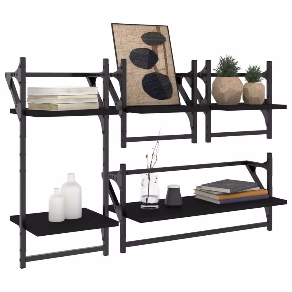 Berkfield Home 4 Piece Black Matt MDF Wall Mounted Shelf Set with Hanging Rods – 3