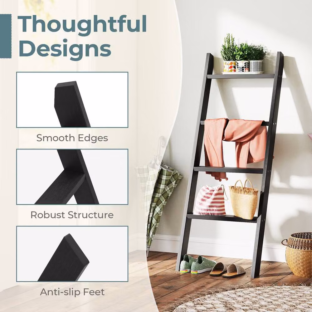 Costway 4-Tier Wooden Blanket Ladder in Black, 137 cm Wall Leaning Quilt Holder – 4