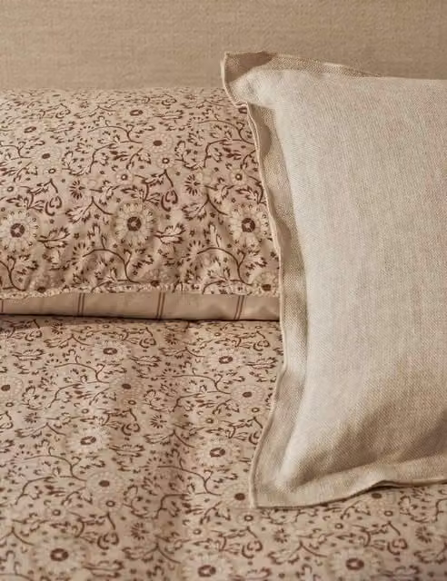 M&S Cotton Rich Woodblock Floral Bedding Set, Beige, 140 x 200 cm