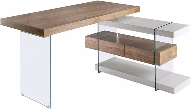 Angel Cerda Walnut-Veneer Writing Desk with Tempered Glass Legs in Brown and Grey, W/D/H: 140 x 75 x 75 cm