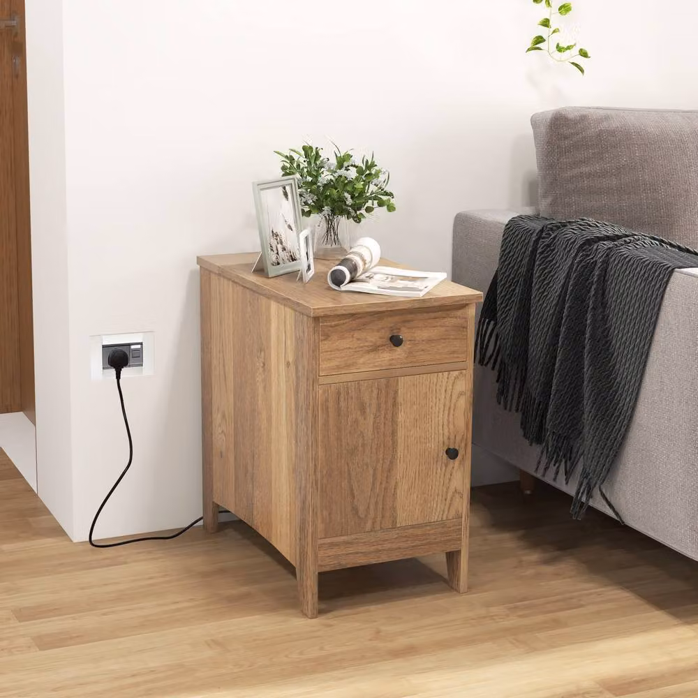 Costway Narrow Nightstand End Table with Charging Station in Natural Wood – 1