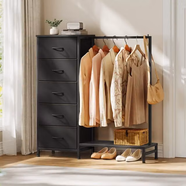 SONGMICS Standing Clothes Rack with 5 Fabric Drawers and Hanging Rail, Black