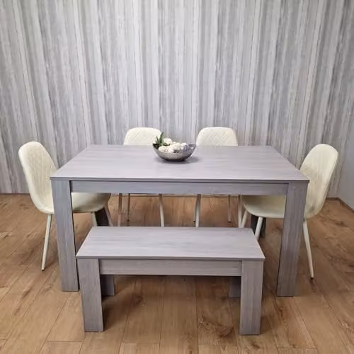 KOSY KOALA Grey Dining Table Set with 4 Cream Diamond-Pattern Chairs and 1 Bench, W/D/H: 140 x 80 x 75 cm