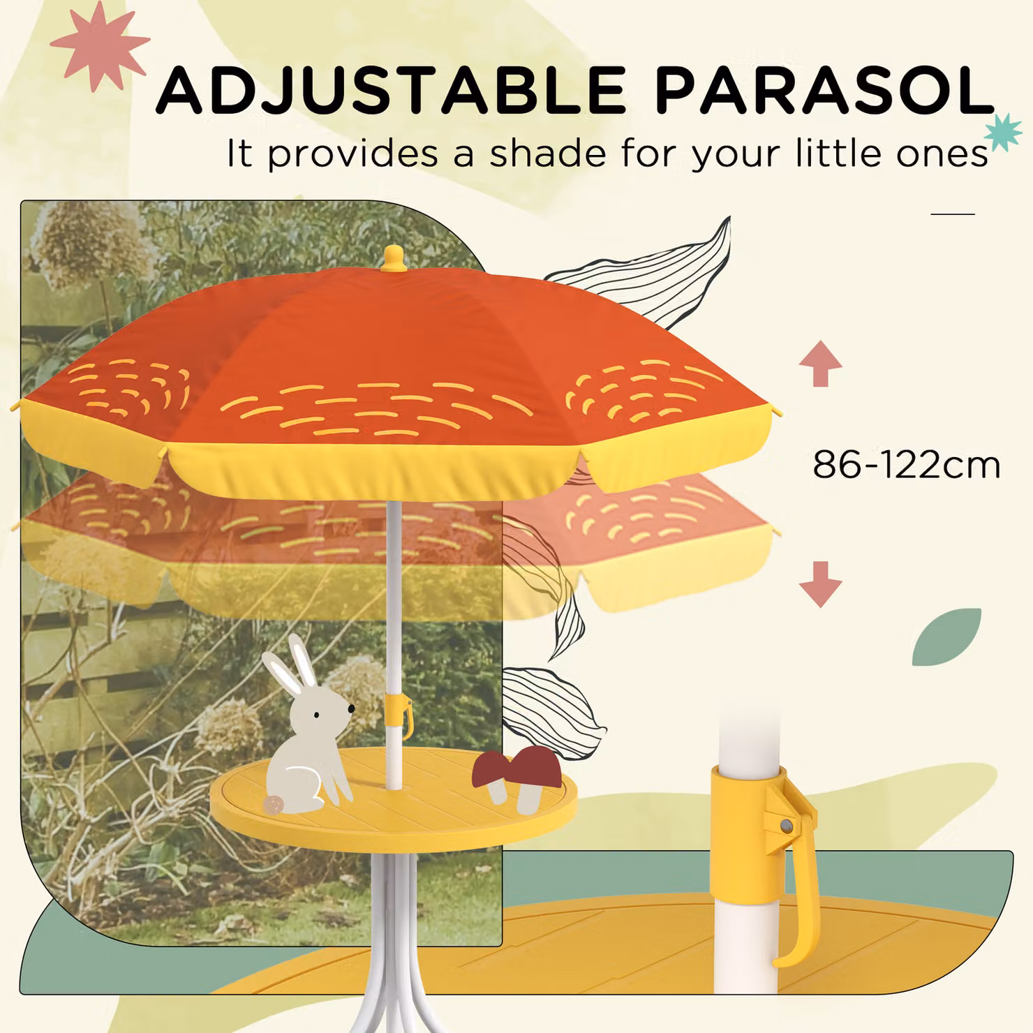 Outsunny Lion Themed Kids Outdoor Picnic Table and Chair Set with Adjustable Parasol, Yellow – 4