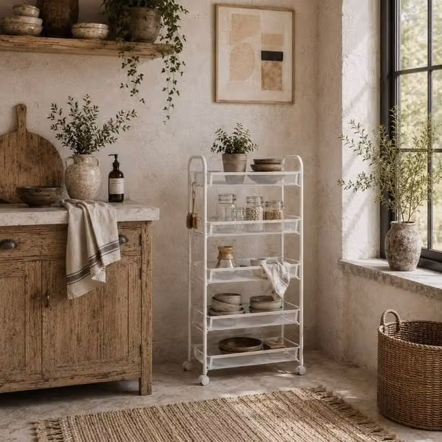 Wyld Haus White 5 Basket Steel Storage Trolley with Wheels, H: 106.0 cm x W: 45.0 cm x D: 26.5 cm – 1