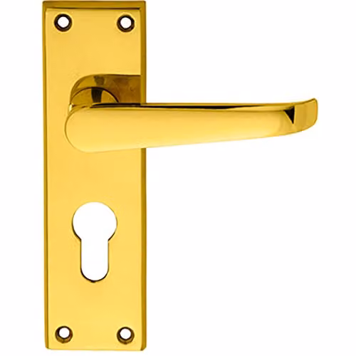 Loops Pair Straight Victorian Lever on Euro Lock Backplate in Polished Brass, W: 150 mm, H: 43 mm