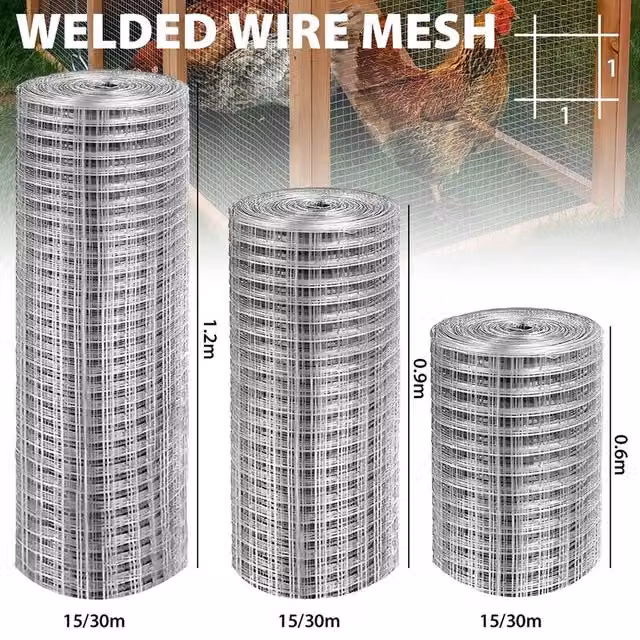 NESTLUNE Silver Galvanised Welded Wire Mesh Aviary Fence, H: 120 cm, Mesh Width: 32 mm