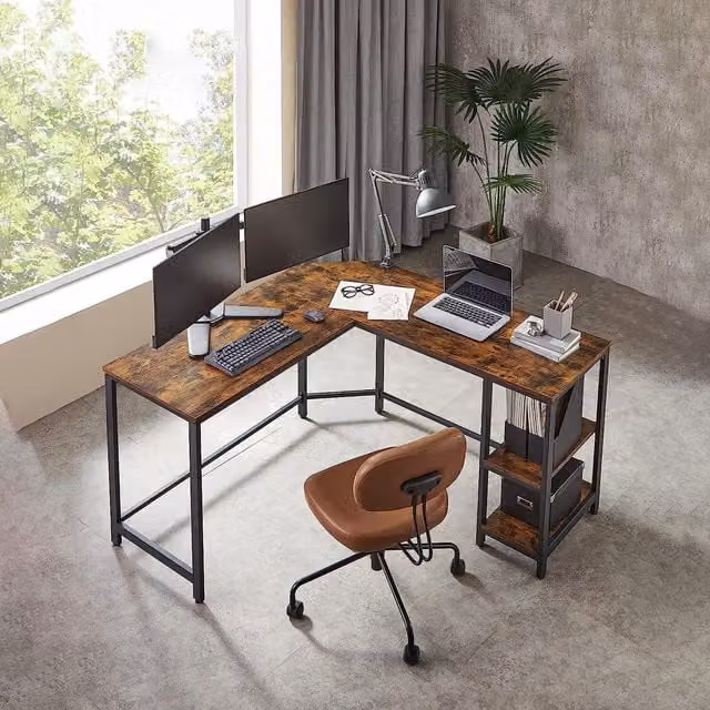 VASAGLE L-Shaped Corner Gaming Desk with 2 Storage Shelves in Brown