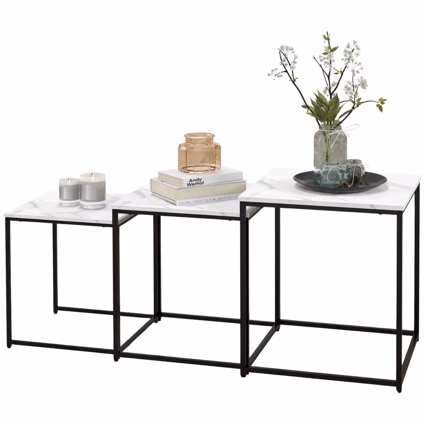 Rafaelo Mobilia Set of 3 Square Nesting Tables with White Marble Effect Tops and Metal Legs – 3